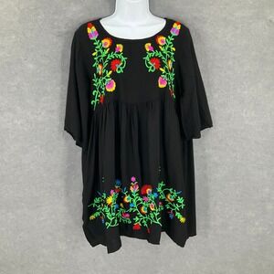 Riviera Sun Black Bold Embroidered Dress Womens XL Bohemian Romantic‎ Feminine